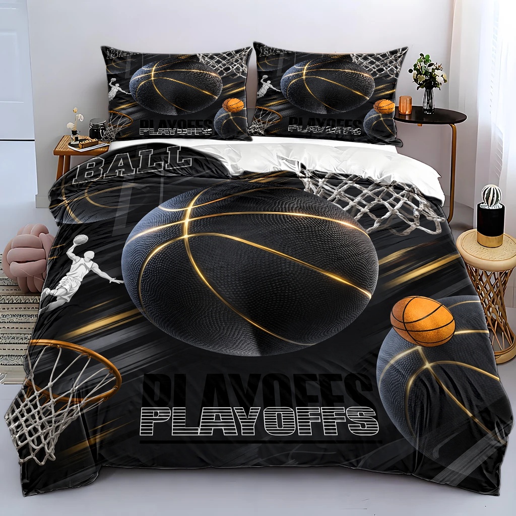 Duvet Cover Sets With Zipper - 3Pc Black and Gold Basketball-Style Printed
