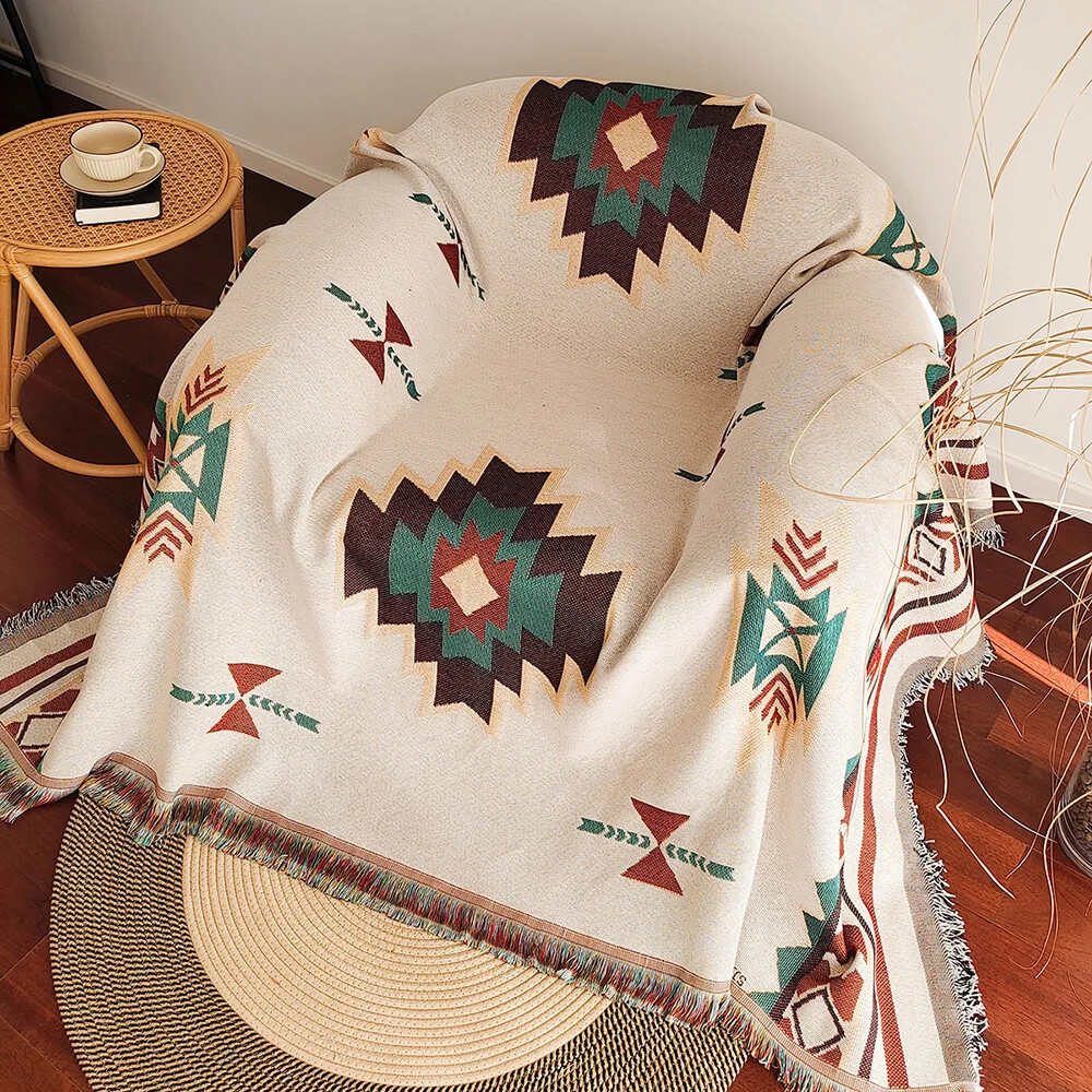 Boho Throw Blanket Fringe - Oversized Boho Aztec Blanket with Fringe