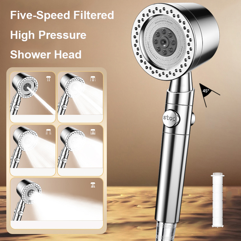 High Pressure Shower Head Handheld - New Black Silver 5 Modes High