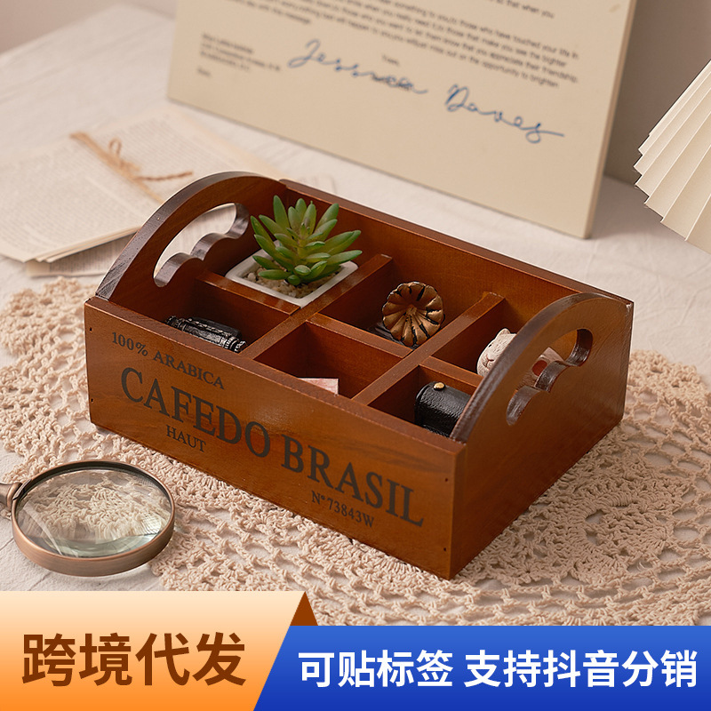 Storage & Organization - Zakka retro wooden portable six-grid storage