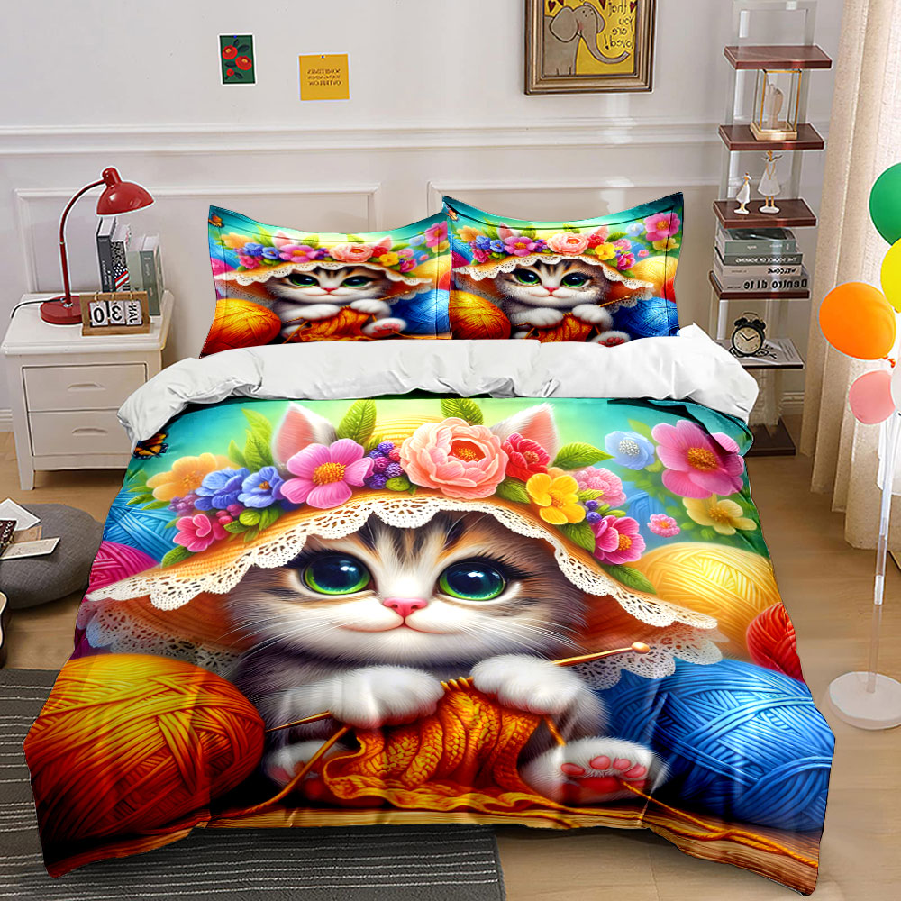 Duvet Cover Sets With Zipper - Cat ears, flower wreath, knitting yarn