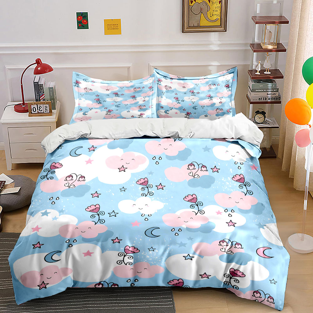 Duvet Cover Sets With Zipper - Dreamy smiling clouds and crescent moons