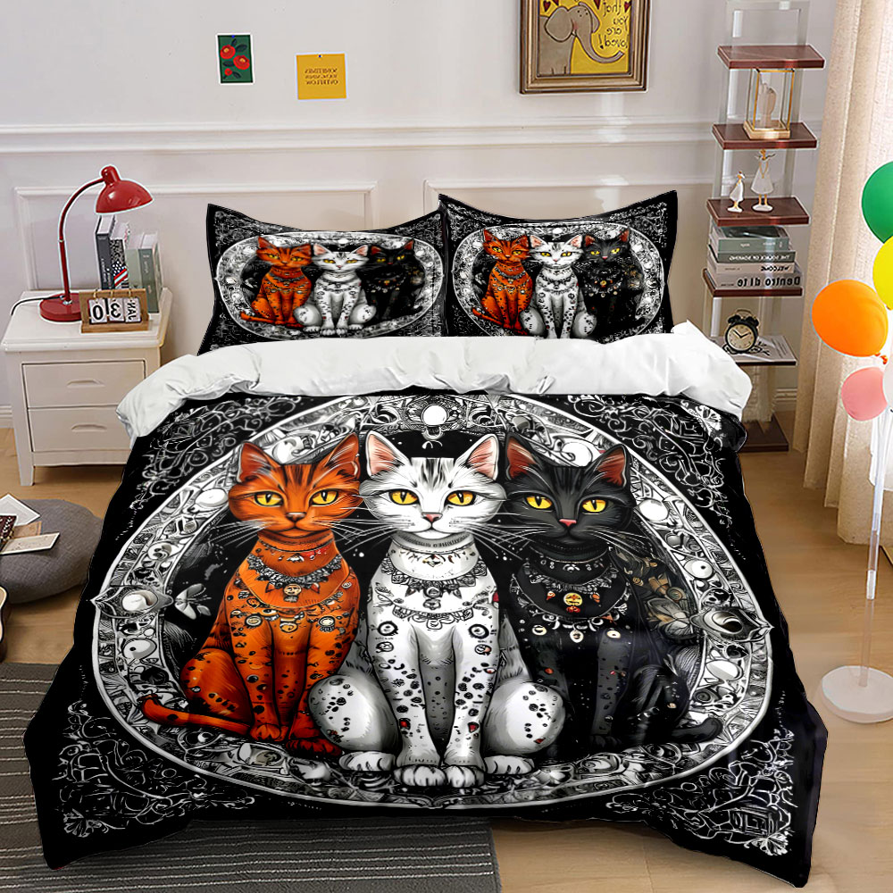 Duvet Cover Sets With Zipper - Three cats with ornate accessories Pattern