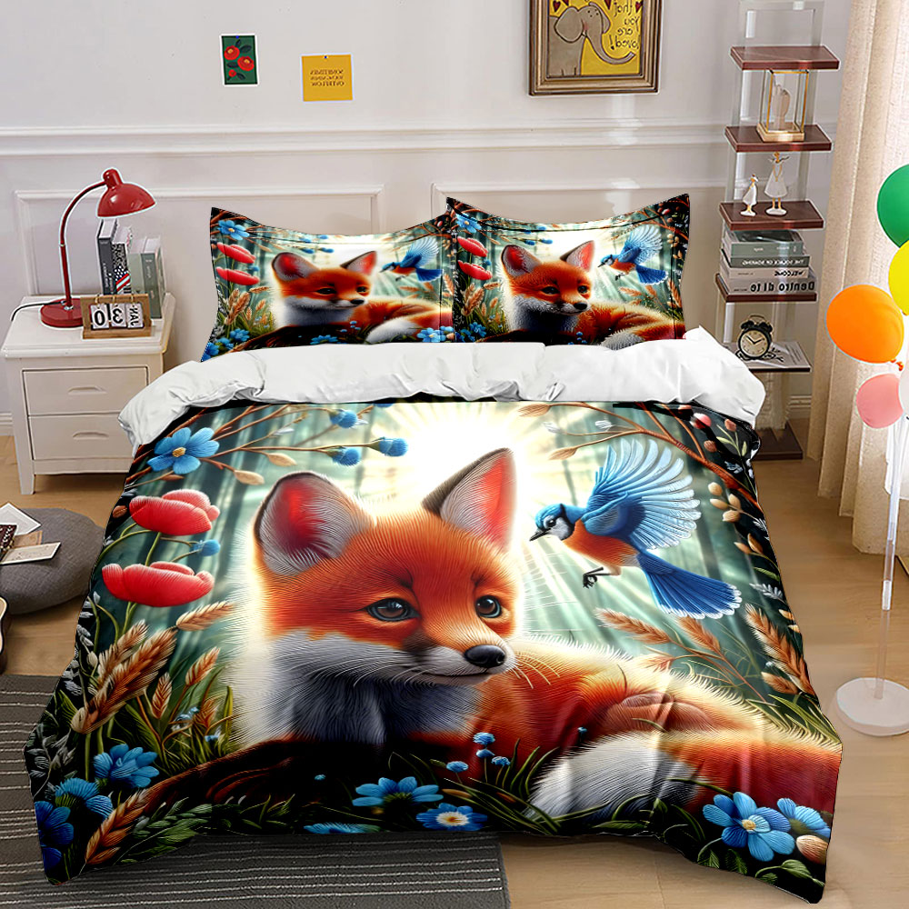 Duvet Cover Sets With Zipper - Bird and flowers in sunlit forest