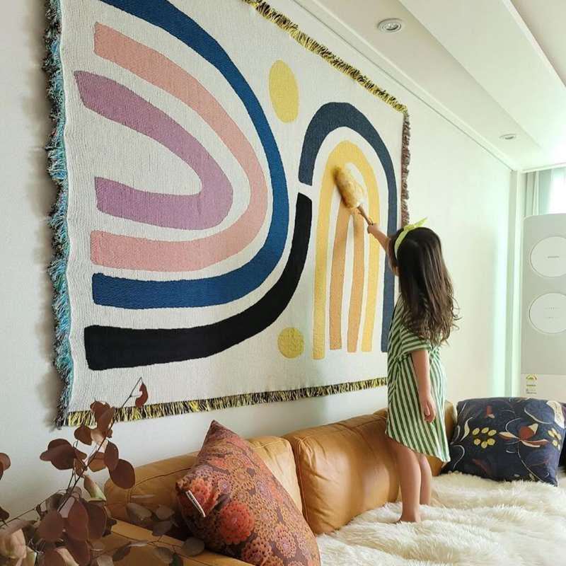 Textile City Abstract Rainbow  - Boho Throw Blanket Fringe review and price