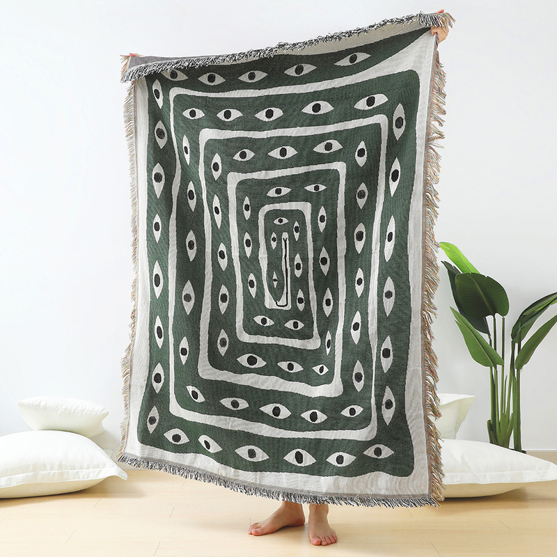 Green White Evil Eye Jacquard  - Boho Throw Blanket Fringe review and price