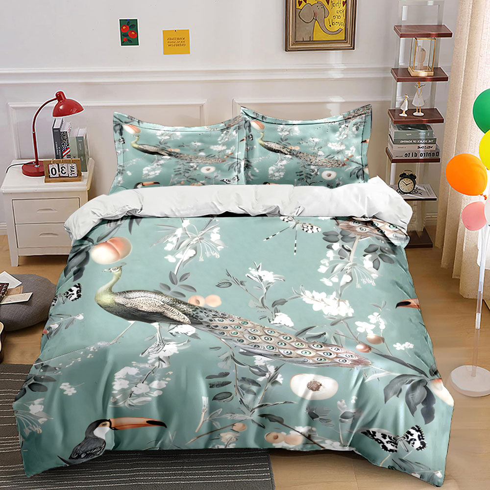 3PC Peacock Toucan Floral Bedd - Aesthetic Floral Duvet Cover review and price