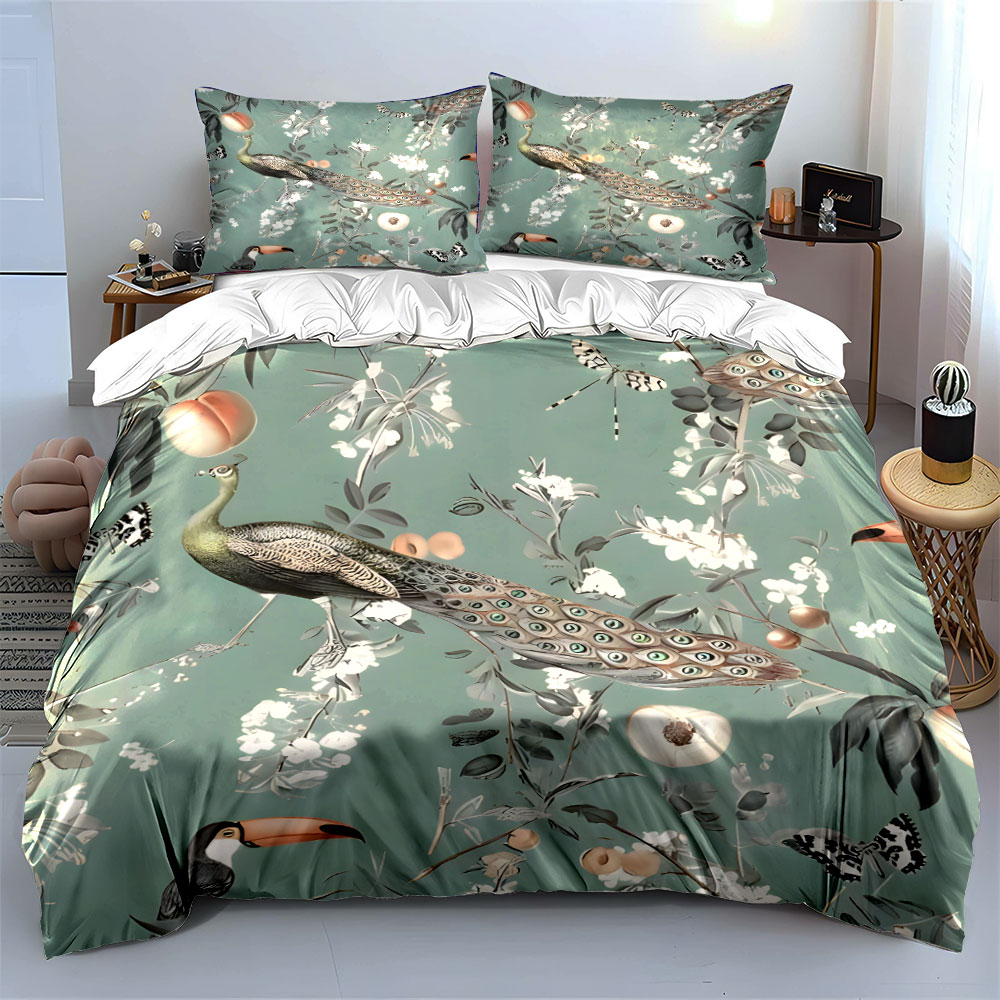 3PC Peacock Toucan Floral Bedd - Aesthetic Floral Duvet Cover review and price
