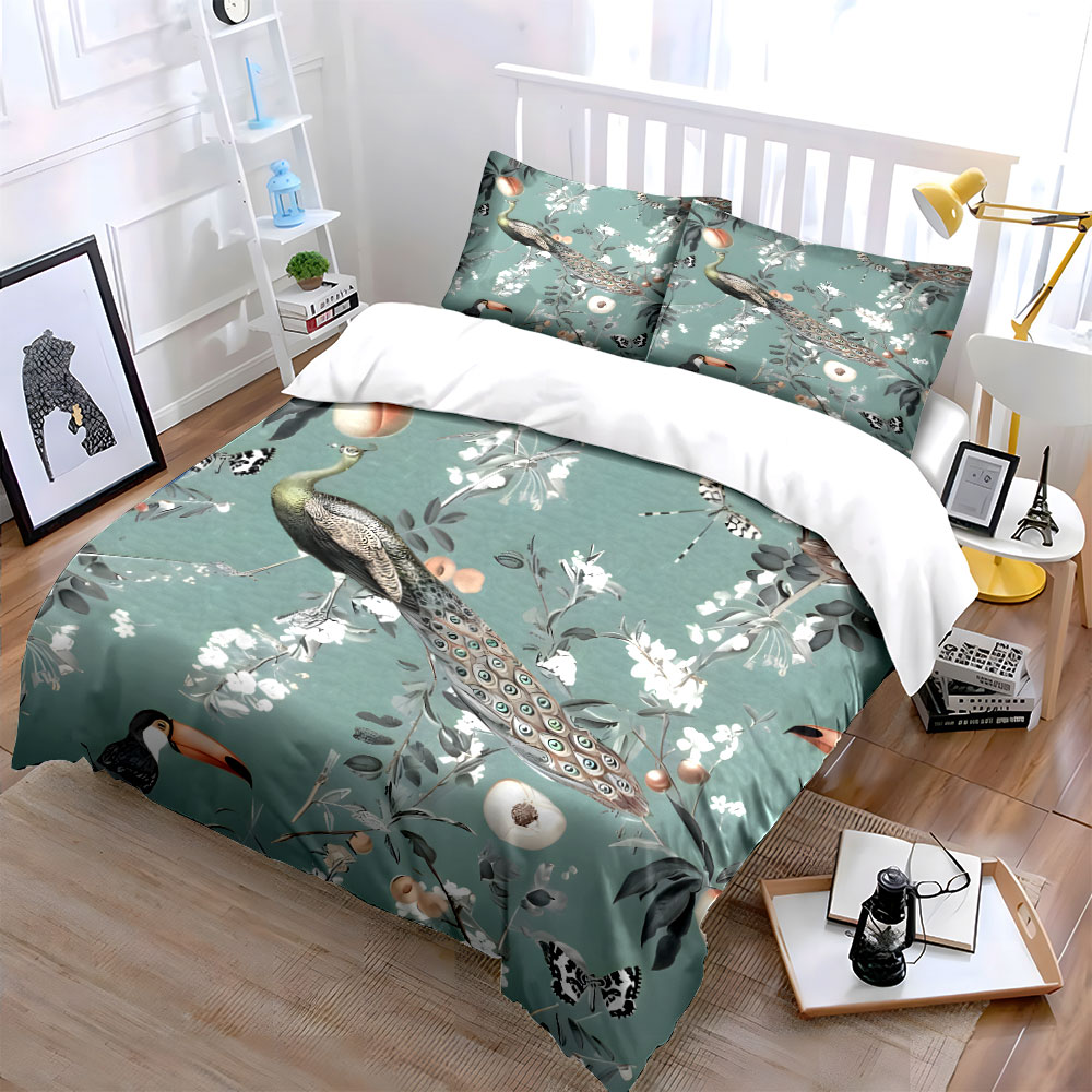 3PC Peacock Toucan Floral Bedd - Aesthetic Floral Duvet Cover review and price