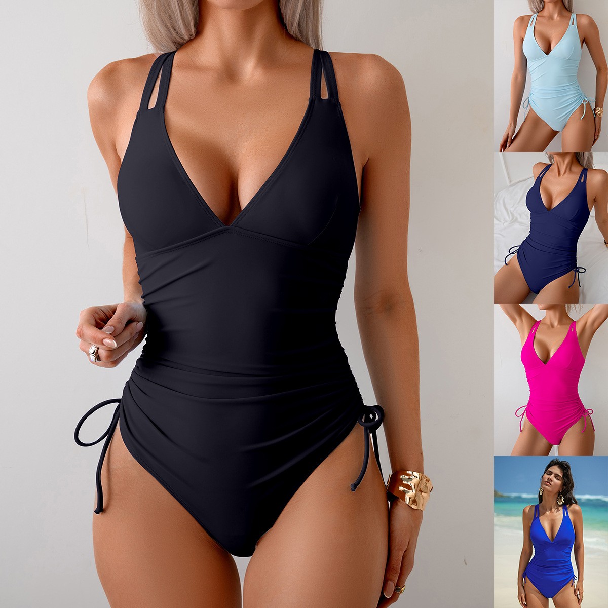 Solid Black Swimsuit V Neck Ru - Bath review and price