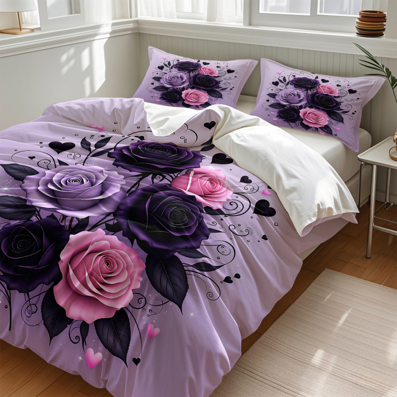 Purple Black Pink Rose Heart D - Aesthetic Floral Duvet Cover review and price